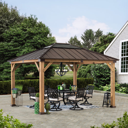 Sunjoy Brown 11 ft. x 13 ft. Patio Cedar Framed Polycarbonate Hip Roof